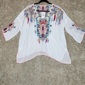 Johnny Was Blouse White Embroidered Feather Geometric Boho Medium